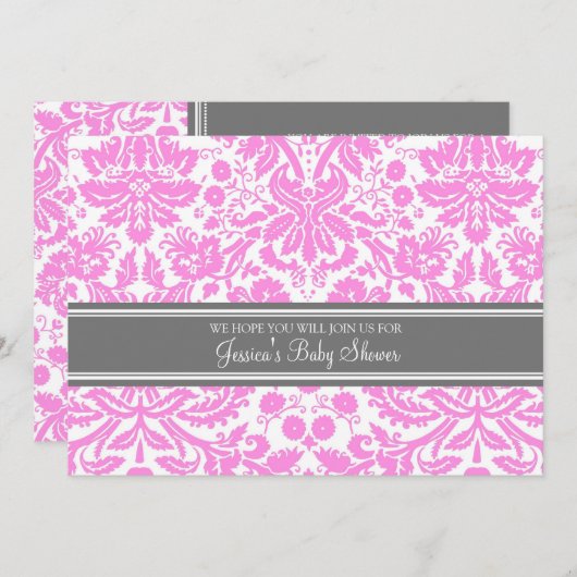 Pink Grey Damask Custom Baby Shower Invitations (Devant / Derrière)