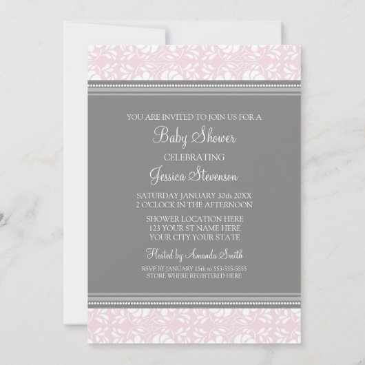 Pink Grey Damask Custom Baby Shower Invitations (Dos)