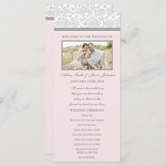 Pink Grey Damask Photo Wedding Programme (Devant / Derrière)