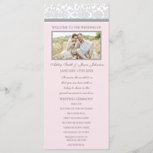 Pink Grey Damask Photo Wedding Programme (Devant)