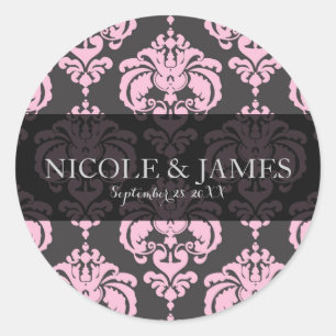 Pink & Grey Damask Vintage Wedding Event Favor Ronde Sticker