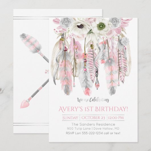 Pink Grey Dream Catcher Floral Feathers Arrows Kaart (Voorkant / Achterkant)
