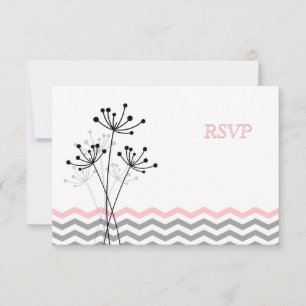 Pink, Grey Floral, Chevron Wedding Carte RSVP