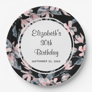 Pink & Grey Floral Waterverf Pattern Birthday Papieren Bordje