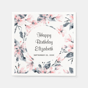 Pink & Grey Floral Waterverf Pattern Birthday Servet