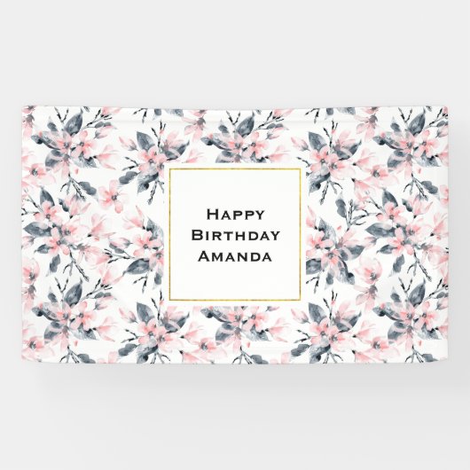 Pink & Grey Floral Waterverf Pattern Birthday Spandoek (Horizontaal)
