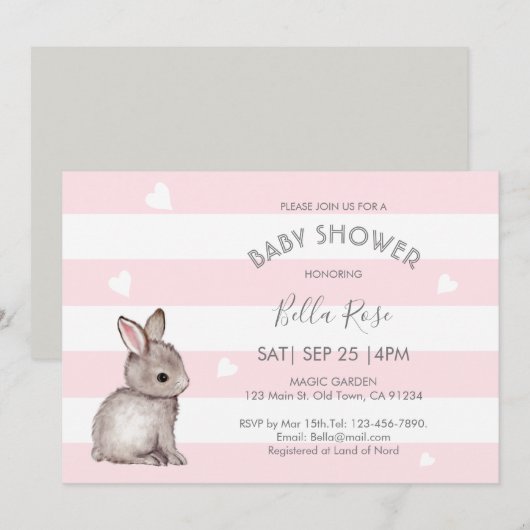 Pink Grey Heart Bunny Baby Shower Invitations (Devant / Derrière)