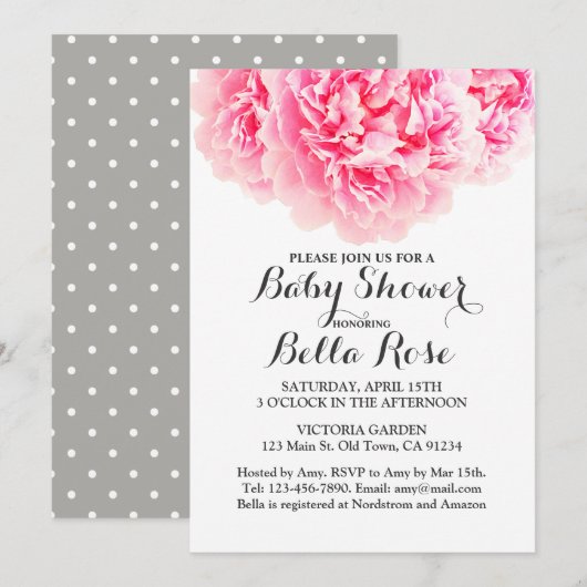 Pink Grey Peony Baby shower Invites Kaart (Voorkant / Achterkant)