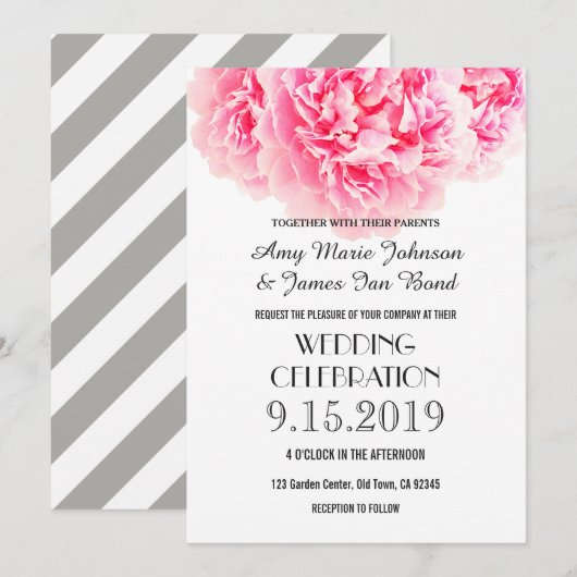 Pink Grey Peony invitations de mariage (Devant / Derrière)