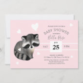 Pink Grey Stripes Raccoon Baby shower Invitation (Devant)