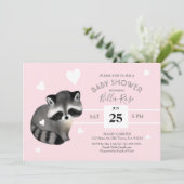 Pink Grey Stripes Raccoon Baby shower Invitation (Debout devant)