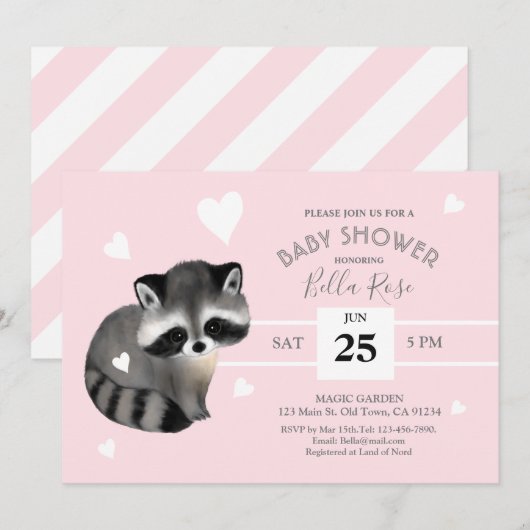 Pink Grey Stripes Raccoon Baby shower Invitation (Devant / Derrière)