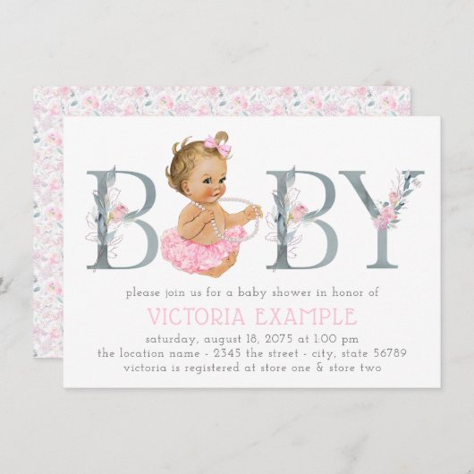 Pink Grey Tutu Pearl Baby Girl Shower Invitations (Devant / Derrière)