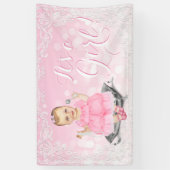 Pink Grey Vintage bébé fille Baby shower bannière (Vertical)
