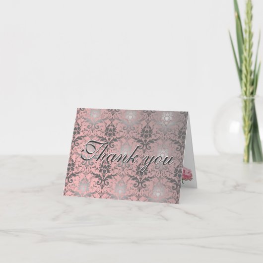 Pink Grunge Damask Merci Carte Note (Devant)