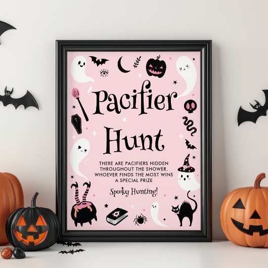 Pink Halloween Baby Shower Pacifier Hunt Game Poster