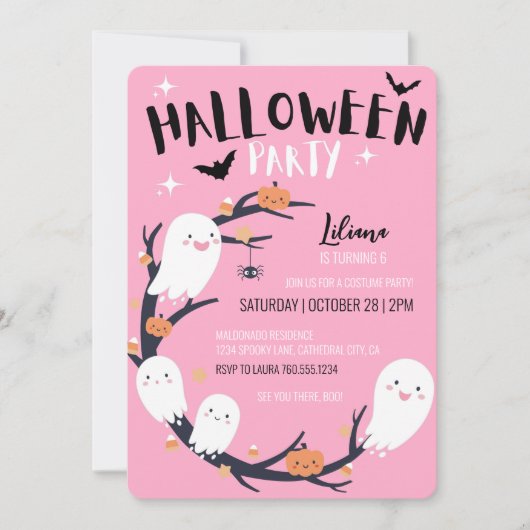 Pink Halloween Birthday Party Kaart (Voorkant)