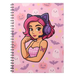 Pink Halloween Gamer Girl Notebook | Kawaii Ghosts Notitieboek