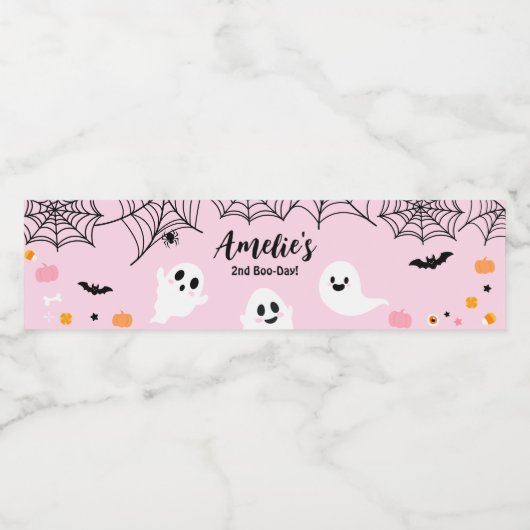 Pink Halloween Spooky Ghost Waterfles Etiket (Enkel label)