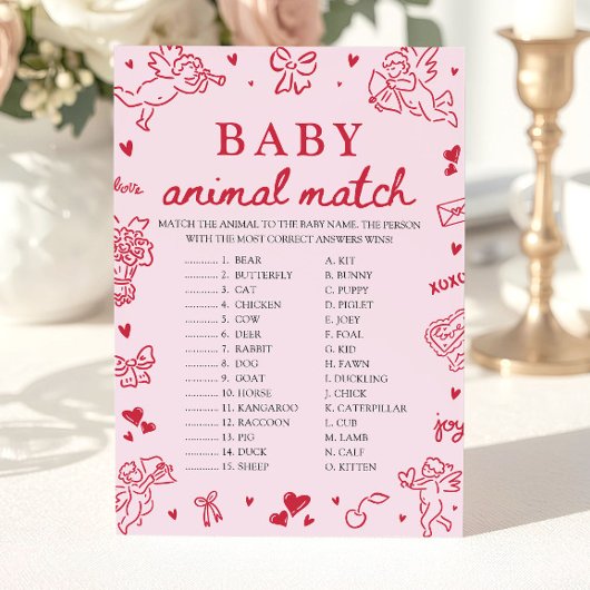 Pink Hand Drawn Baby Animal Match Baby Shower Game Kaart