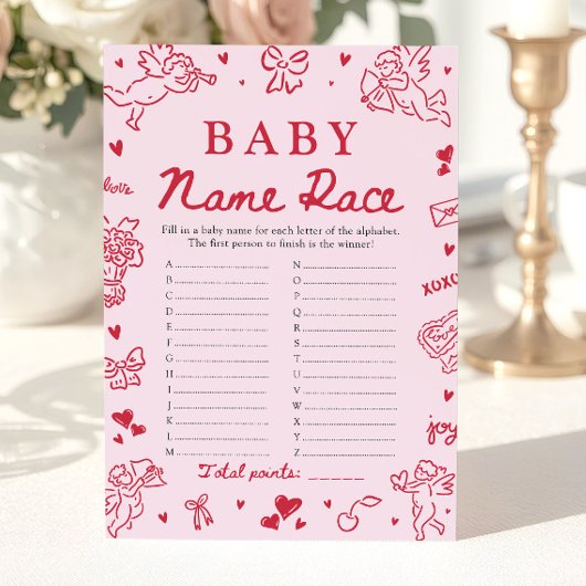 Pink Hand Drawn Baby Name Race Baby Shower Game Kaart