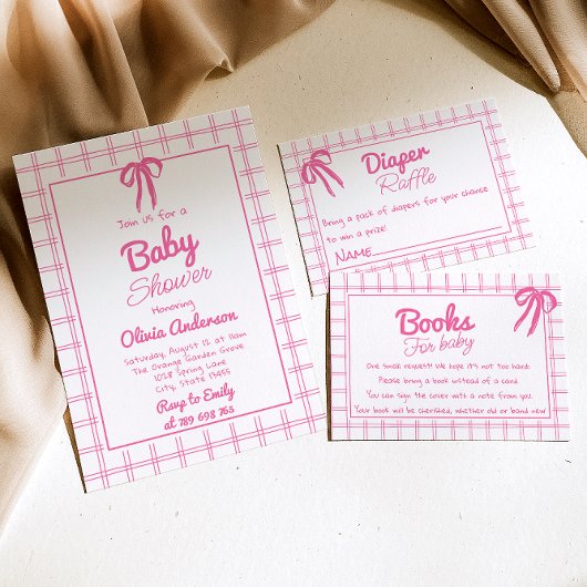 Pink Hand Drawn Bow Gingham Boho Girl Baby Shower Kaart
