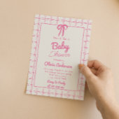 Pink Hand Drawn Bow Gingham Boho Girl Baby Shower Kaart