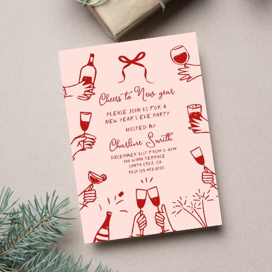 Pink Hand Drawn “Cheers to New Year” Holiday Party Kaart