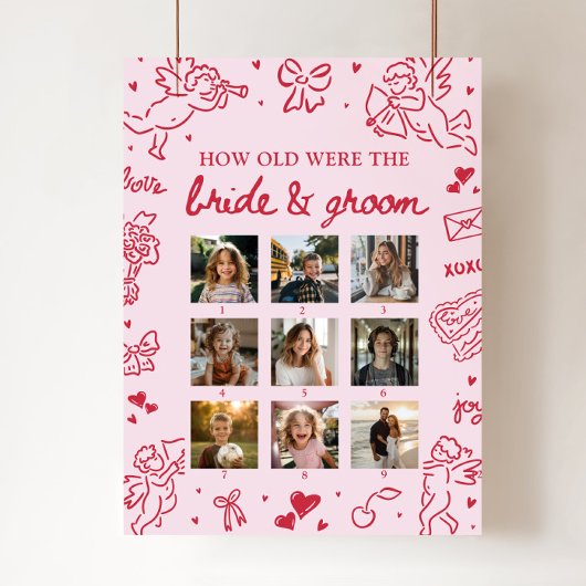 Pink Hand Drawn How Old Were Bride & Groom Sign Poster