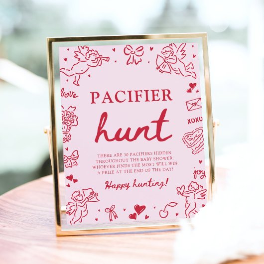 Pink Hand Drawn Valentine Baby Pacifier Hunt Game Poster