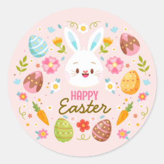 Pink Happy Easter BunnySpring  Floral  Ronde Sticker