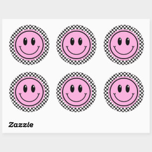 Pink Happy Face Checker Verjaardag voor kinderen Ronde Sticker