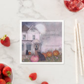 Pink Haunted House Black Cat Custom Halloween Servet (Insitu)