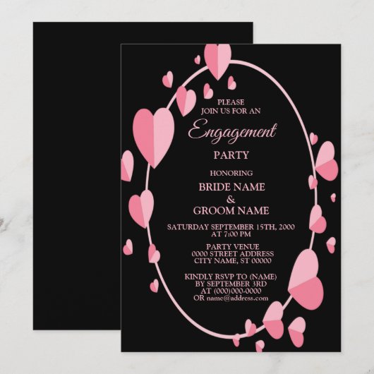 Pink Heart Black Geometric Engagement Party Kaart (Voorkant / Achterkant)