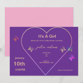 Pink Heart Butterfly fille baby shower Invitation (Devant / Derrière)