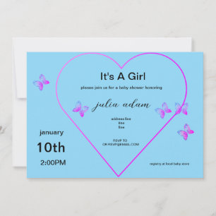 Pink Heart Butterfly fille baby shower Invitation
