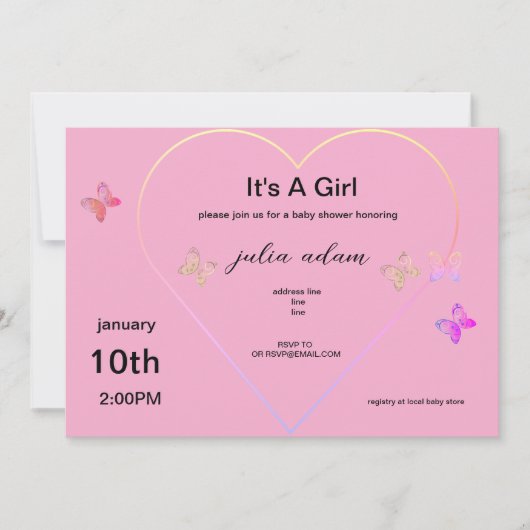 Pink Heart Butterfly fille baby shower Invitation (Devant)