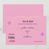 Pink Heart Butterfly fille baby shower Invitation (Devant / Derrière)