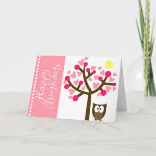 Pink Heart Cherry Blossom Uil Verjaardag Kaart