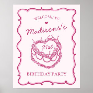 Pink Heart Coquette Cherry Cake Verjaardag Welkom Poster