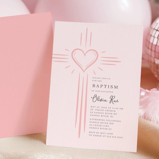 Pink Heart Cross Baptism Invitation