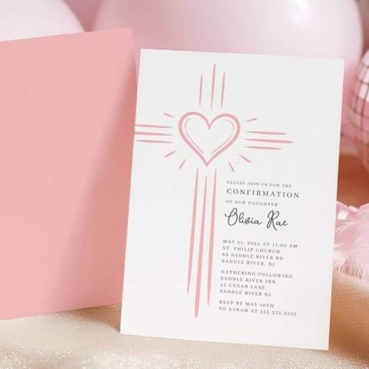 Pink Heart Cross Confirmation Invitation