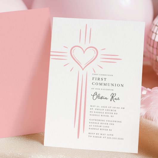 Pink Heart Cross First Communion Invitation