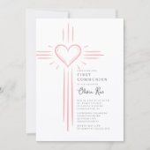 Pink Heart Cross First Communion Invitation (Devant)