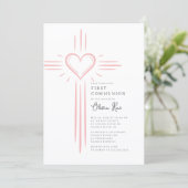 Pink Heart Cross First Communion Invitation (Debout devant)