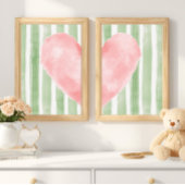 Pink Heart Green Stripes Watercolor, Cute Girly