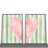 Pink Heart Green Stripes Watercolor, Cute Girly Muurkunst Sets
