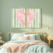 Pink Heart Green Stripes Watercolor, Cute Girly Muurkunst Sets