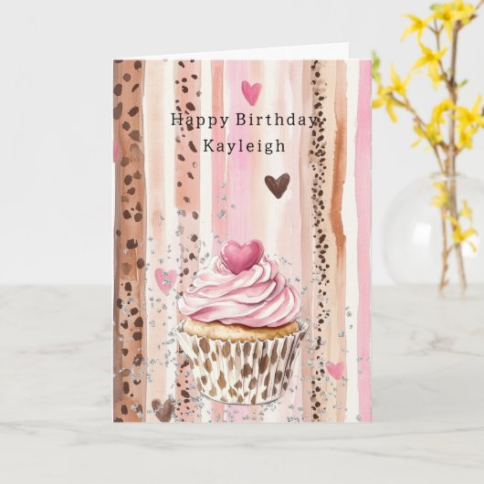 Pink Heart Leopard Cupcake Confetti Birthday Kaart (Gele Bloem)