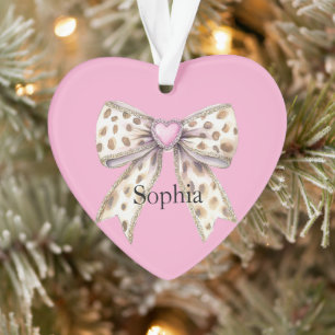 Pink Heart Leopard Girly Bow Kerstmis Ornament